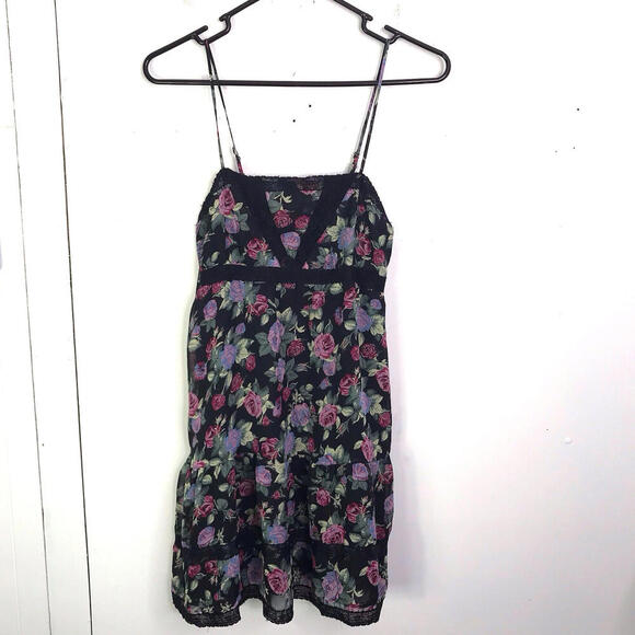 Forever 21 Dresses & Skirts - Forever 21 Dress Womens M Empire Waist Mini Dark Florals Square Neck Lace Y2K